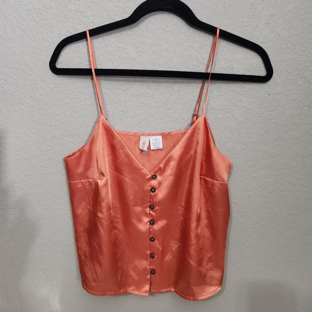 Mimi Chica Crop Top Small Coral Satin Button Front Camisole
